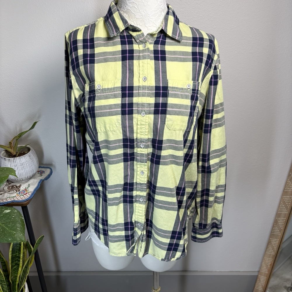 Stylus Women L Yellow Plaid Button Up Shirt Preppy Cotton